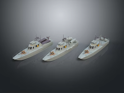 Three White Model Patrol Boats With Antennas And Equipment On Gray Background 3d model