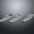 Three White Model Patrol Boats With Antennas And Equipment On Gray Background