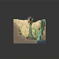 Intricate Terrain Model Featuring Central Tower Waterfalls Flowing River And Green Vegetation