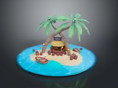 Tropical Island Scenery With Palm Trees Thatched Hut Beach Wooden Boat And Blue Ocean 3d model