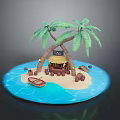 Tropical Island Scenery With Palm Trees Thatched Hut Beach Wooden Boat And Blue Ocean