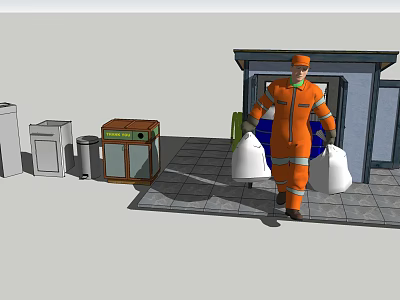 Public Facility Sanitation Scene With Orange Uniform Cleaner Carrying White Bags And Trash Bins 3d model