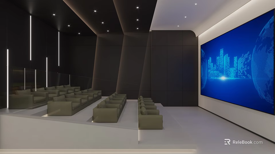 Modern Public Office Space with Rows of Seats Large Blue Screen Black Paneled Walls and Recessed Lights 3d model 