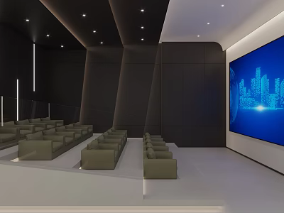 Modern Public Office Space with Rows of Seats Large Blue Screen Black Paneled Walls and Recessed Lights 3d model