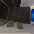 Modern Public Office Space with Rows of Seats Large Blue Screen Black Paneled Walls and Recessed Lights