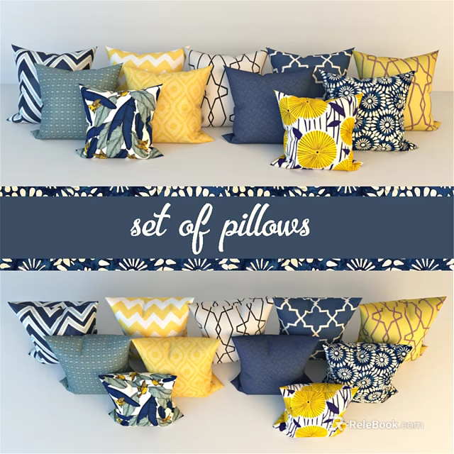 Set of Colorful Decorative Pillows With Blue Yellow Patterns For Home Decor 3d model 