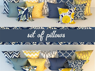 Set of Colorful Decorative Pillows With Blue Yellow Patterns For Home Decor 3d model