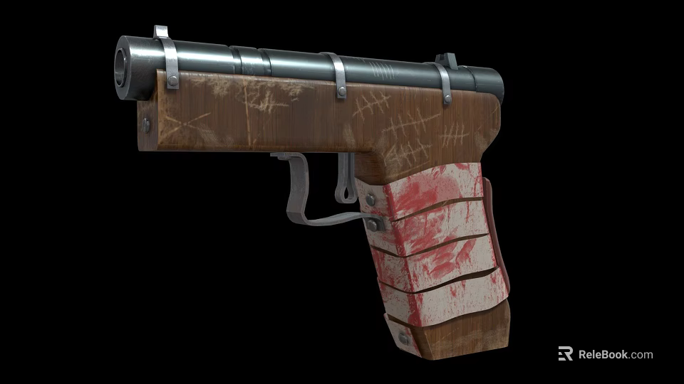 Vintage Scratched Wooden Pistol With Red Stained Grip And Metal Barrel Design 3d model 