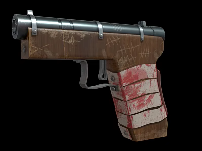 Vintage Scratched Wooden Pistol With Red Stained Grip And Metal Barrel Design 3d model
