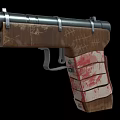 Vintage Scratched Wooden Pistol With Red Stained Grip And Metal Barrel Design