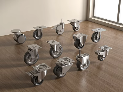 Stainless Steel Industrial Caster Wheels With Various Designs On Wooden Floor 3d model