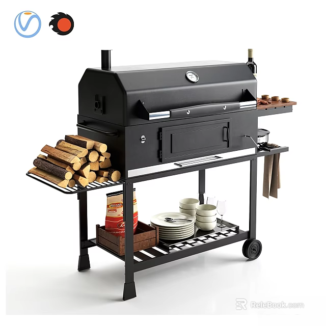 Outdoor Black Grill Cart With Firewood Storage Plates And Cups 3d model 