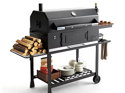 Outdoor Black Grill Cart With Firewood Storage Plates And Cups 3d model