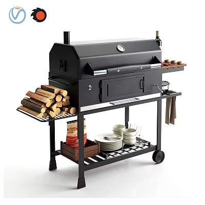 Outdoor Black Grill Cart With Firewood Storage Plates And Cups 3d model