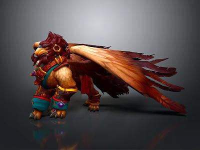 Fantasy Character Mythical Griffin Creature With Red Feathers Decorative Armor Blue Wristbands And Gemstone Accents 3d model
