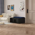 Black Padded Shoe Bench With Storage In Living Room Near Sofa And Decor