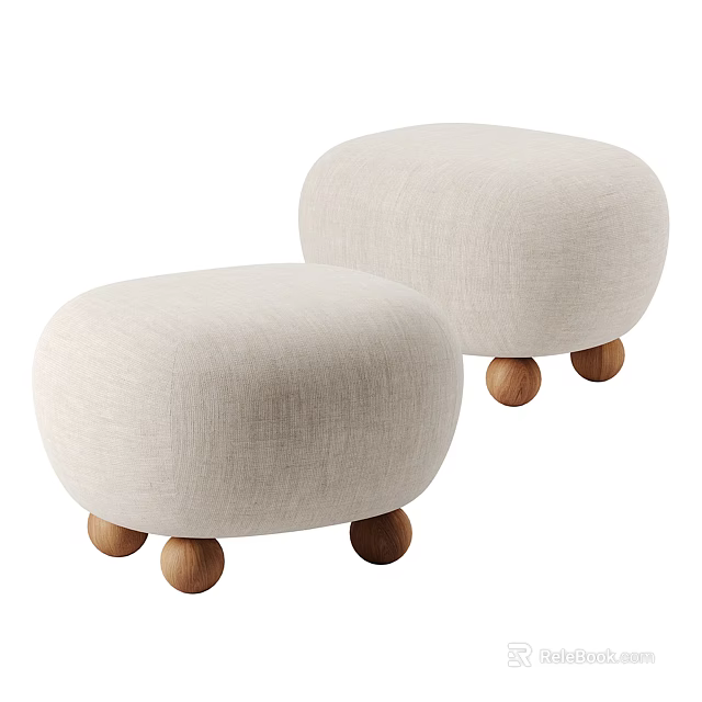 Soft Beige Fabric Ottomans with Wooden Legs Two Piece Set 3d model 