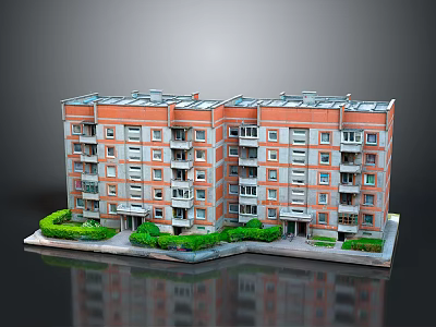 Multi Story Apartment Building With Red Beige Exterior Windows Balconies And Green Shrubs 3d model