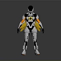 Futuristic Robot Game Movie Character With White Black Orange Armor And Yellow Chest Emblem