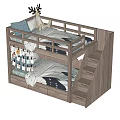 Wooden Kids Bunk Bed With Staircase Storage Drawers And Decorative Elements 3d model