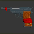 Vintage Pistol With Orange Grip Red Straps And Metal Body On Dark Background