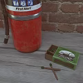 Red Fire Extinguisher On Wooden Bench Against Red Brick Wall With Matchbox And Matches