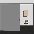 Minimalist Interior Design Featuring Gray Sliding Door Wooden Chair And Wall Art