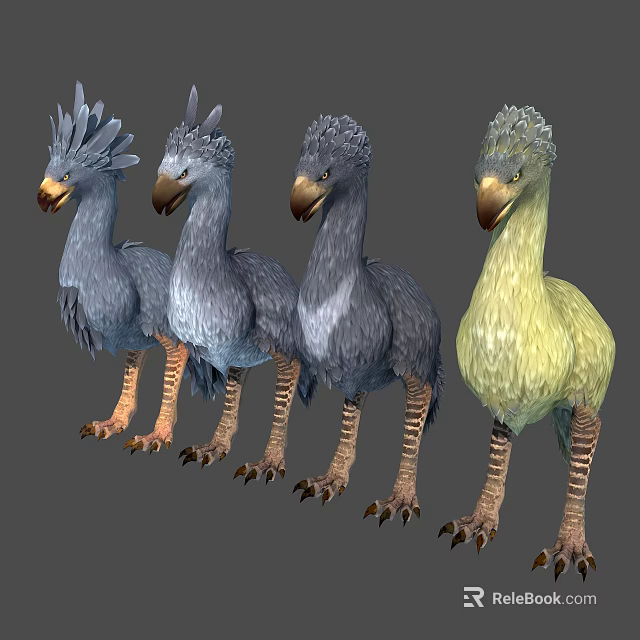 Four Feathered Flying Animals With Frilled Heads Various Colors 3D Rendered Standing 3d model 