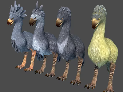 Four Feathered Flying Animals With Frilled Heads Various Colors 3D Rendered Standing 3d model