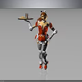 Robot Maid Character in Red White Outfit Holding Tray With Cup Dessert And Mechanical Arms