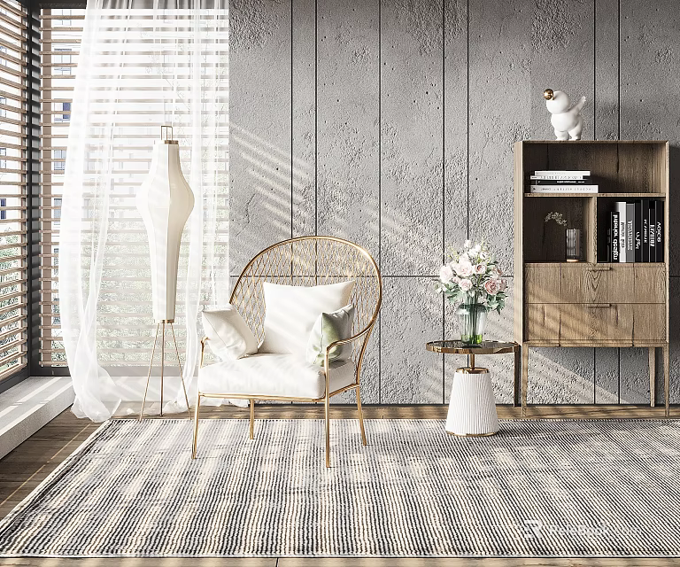 Woven Rattan Leisure Chair With White Cushions Small Side Table Flowers Floor Lamp Concrete Wall 3d model 