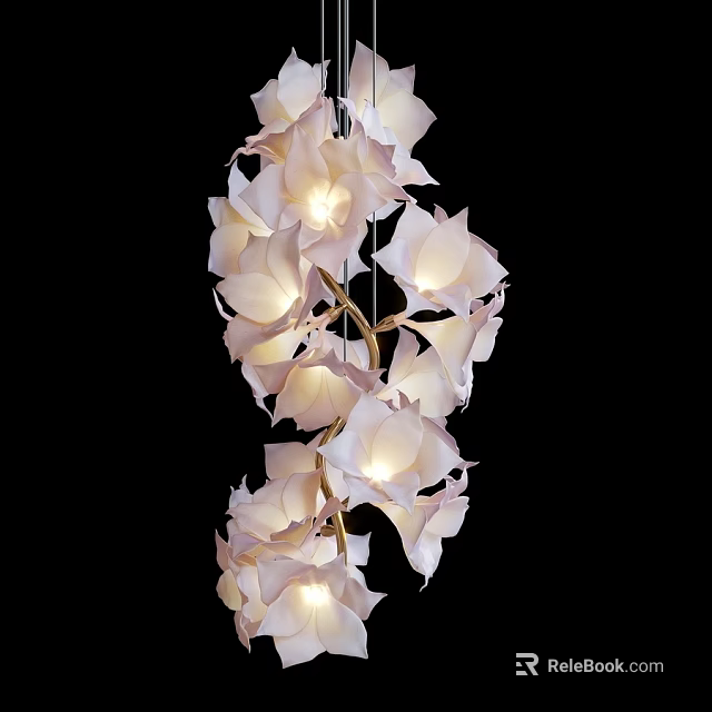 Elegant Petal Shaped Chandelier With White Flower Design Golden Frame And Warm Lighting 3d model 