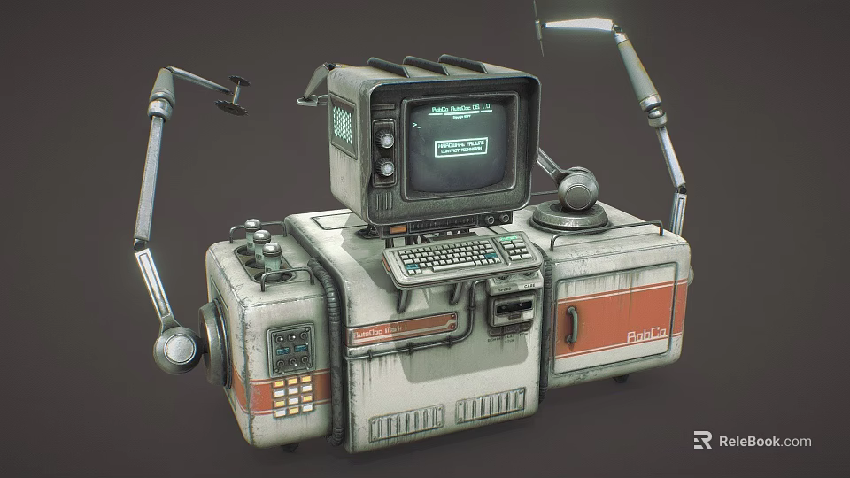 Retro Vintage Computer System With Mechanical Arms Control Panel And Data Screen 3d model 