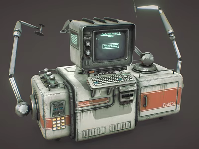 Retro Vintage Computer System With Mechanical Arms Control Panel And Data Screen 3d model