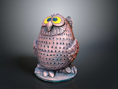 Decorative Brown Pink Owl Sculpture With Yellow Eyes Perforated Body And Gray Base 3d model