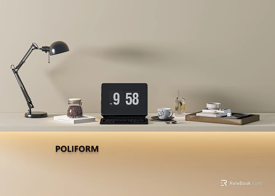 Decorative Ornament Set With Black Desk Lamp Digital Clock Glass Jar Coffee Cup And Books 3d model 