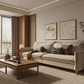 Natural Modern Living Room Interior With Beige Sofa Wooden Coffee Table And Decorative Paintings