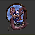 Cartoon Character In Blue Grabbing Octopus Tentacle With Metal Chain And Water Splash On Base
