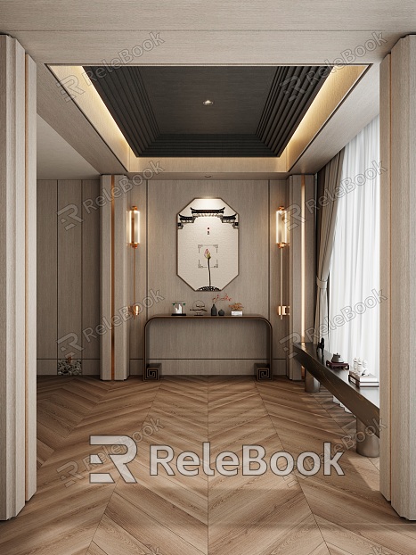 New Chinese Style Log Style Living Room Entry End View Hallway model