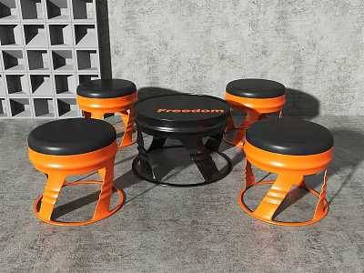 Modern Round Black Table With Four Orange Stools And Black Seats 3d model