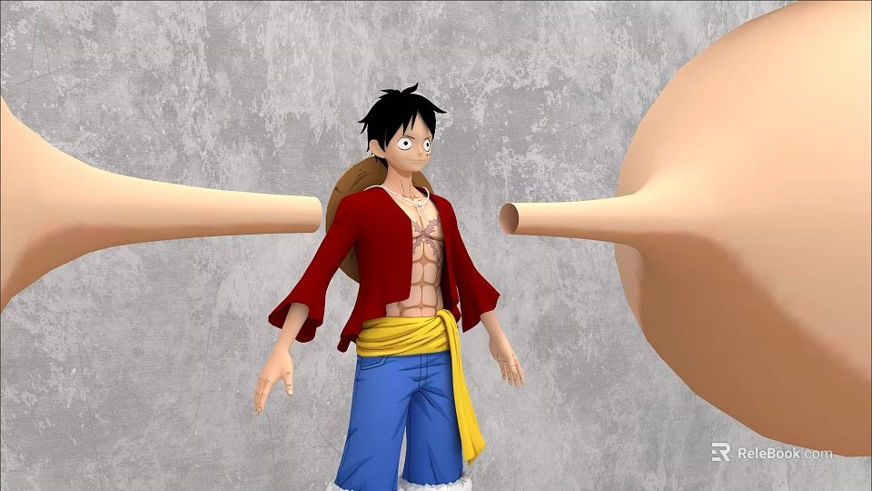 Anime Character In Straw Hat Red Coat Blue Pants Yellow Sash Against Gray Wall Armlike Structures 3d model 