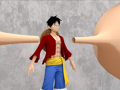 Anime Character In Straw Hat Red Coat Blue Pants Yellow Sash Against Gray Wall Armlike Structures 3d model