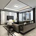 Modern Living Dining Room Interior With Sofa TV Coffee Table Dining Table And Large Windows