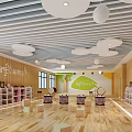 Bright Kindergarten Classroom With Wooden Floors Cloud Shaped Ceiling Drums And Teaching Aids On Shelves