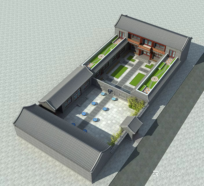 Ancient Architecture Courtyard With Traditional Roof Greenery And Symmetrical Stone Pavement 3d model 