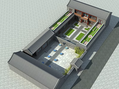 Ancient Architecture Courtyard With Traditional Roof Greenery And Symmetrical Stone Pavement 3d model
