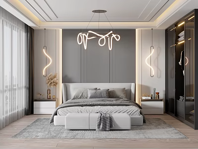 Modern Bedroom Interior Design With Upholstered Headboard Neon Lights And Area Rug 3d model