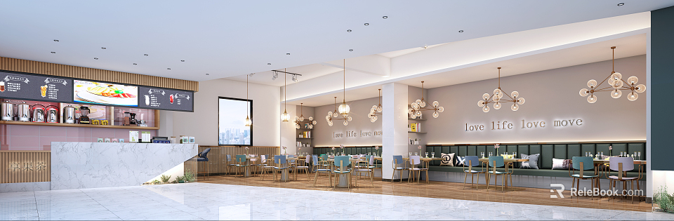 Cozy Bubble Tea Shop Interior Design With Wooden Tables And Pendant Lights 3d model 