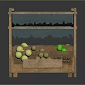 Cartoon Fruit Stand Scene With Wooden Structure Green Canopy And Fresh Lemons Apples Carrots