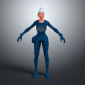 3D Character Model With Blue Outfit White Hair And Orange Face In Cartoon Style